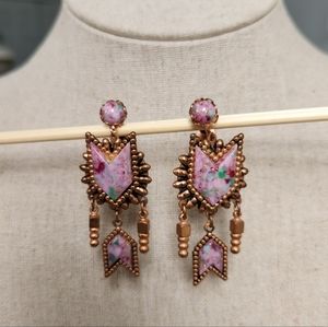 Vintage copper screw back earrings acrylic pink stones